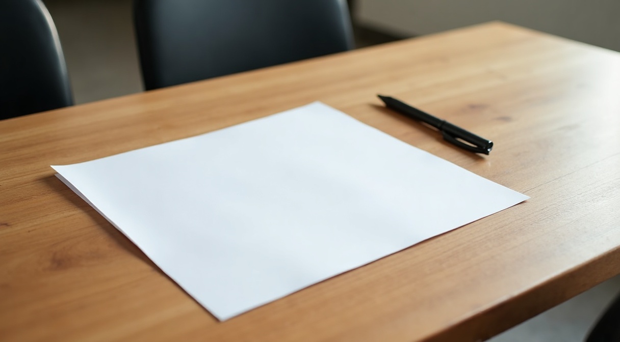 ジム内の木のテーブルに置かれた白紙の書面とペン。奥に椅子が2脚見えている