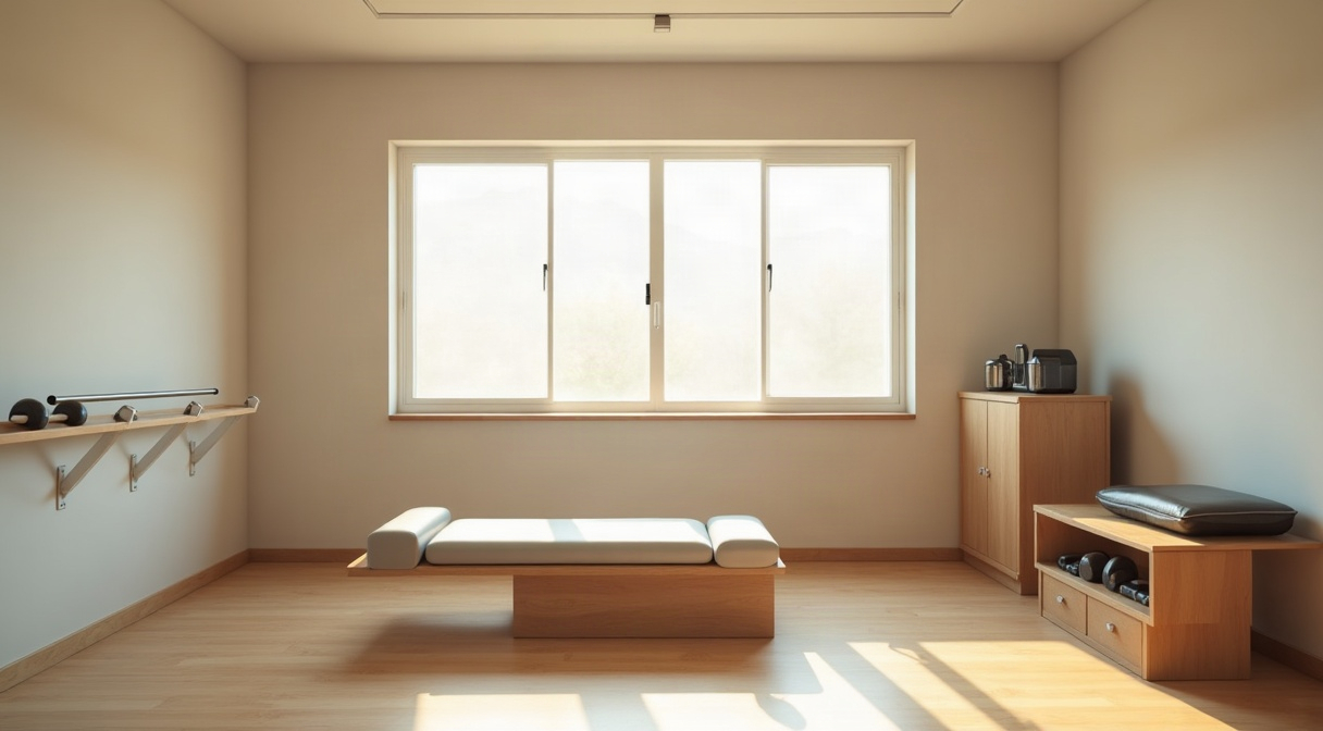 自費リハビリの施設の一例。窓から自然光が入る部屋に、低い施術台、壁付けのバー、棚に置かれたダンベルとバランスマットが並んでいる